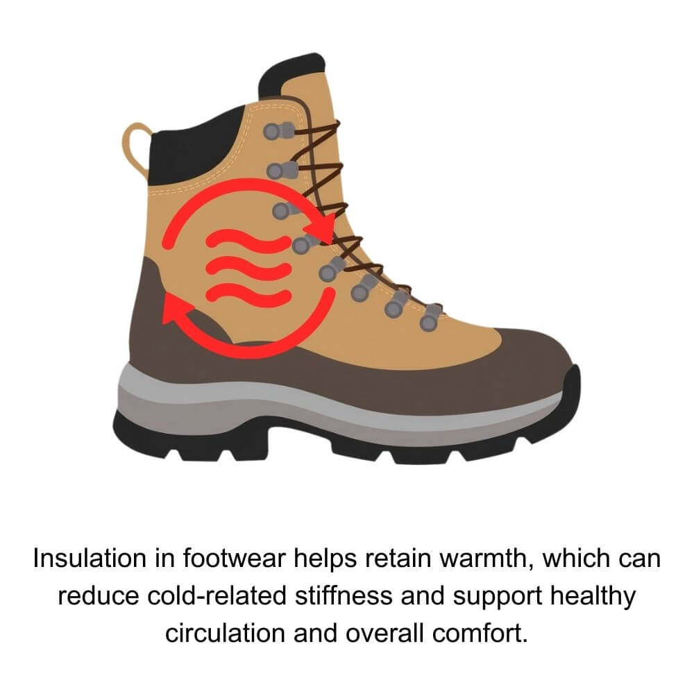 Illustration explaining how insulation in shoes helps retain heat to reduce stiffness in feet and support healthy circulation.